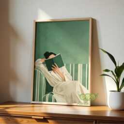 Emerald Green Woman Reading Wall Art, Cozy Book Lover Print, Minimalist Modern Home Decor, Contemporary Poster, Abstract Art - thumbnail 3