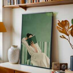 Emerald Green Woman Reading Wall Art, Cozy Book Lover Print, Minimalist Modern Home Decor, Contemporary Poster, Abstract Art - thumbnail 2