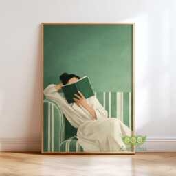 Emerald Green Woman Reading Wall Art, Cozy Book Lover Print, Minimalist Modern Home Decor, Contemporary Poster, Abstract Art - thumbnail 1