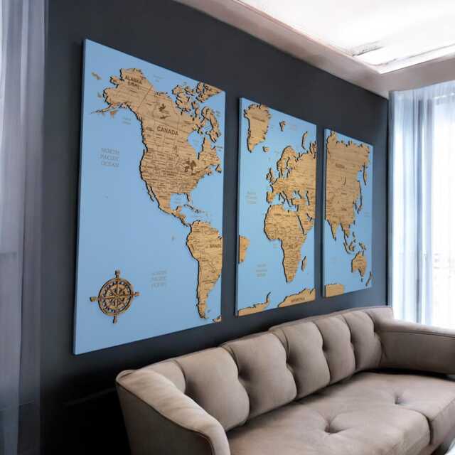 High Detail 3D Blue Wooden World Map, Choice Of Oak Or Cork, Available in S-xxl Size, Home Decor Statement Piece, Wall Art Travel Map - image 1