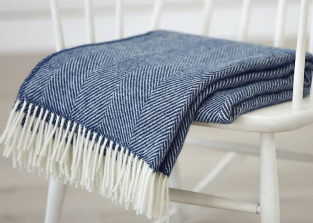 Natural Sheep Wool Wide Herringbone Chevron Pattern Blanket Throw Navy Blue, Warm Outdoor Blanket, Scandinavian Bedspread - image 1