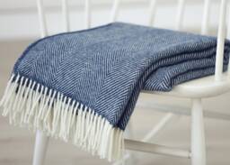 Natural Sheep Wool Wide Herringbone Chevron Pattern Blanket Throw Navy Blue, Warm Outdoor Blanket, Scandinavian Bedspread - thumbnail 1