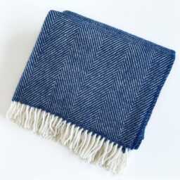Natural Sheep Wool Wide Herringbone Chevron Pattern Blanket Throw Navy Blue, Warm Outdoor Blanket, Scandinavian Bedspread - thumbnail 3