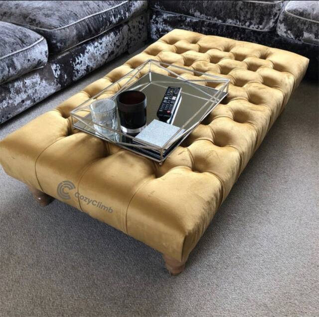 Handmade Deep Tufted Chesterfield Ottoman Coffee Table, Gold Plush Fabric - image 1