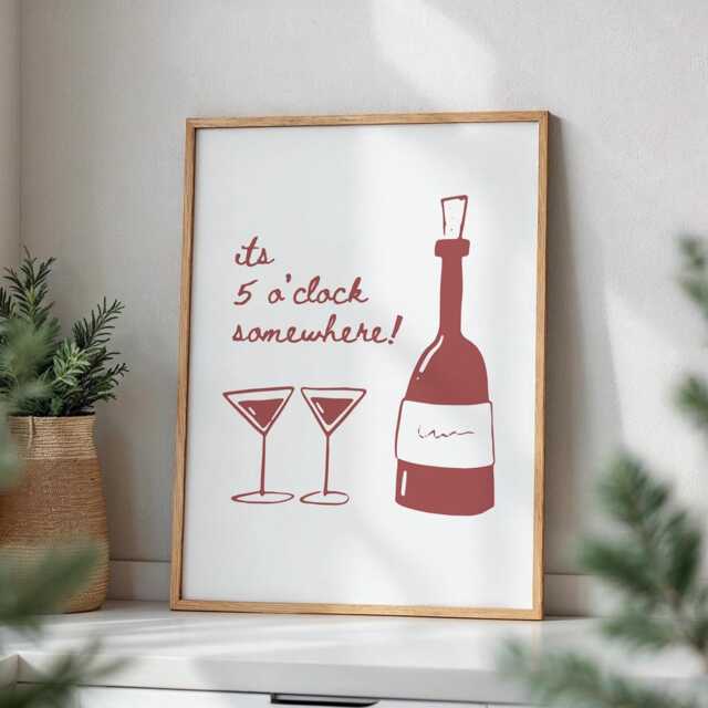 Its 5 O'clock Somewhere Red Poster, Wine O'clock Trendy Retro Bar Cart Wall Decor, Fun Alcohol Art, Girly Poster, Modern Kitchen Art - image 1