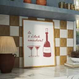 Its 5 O'clock Somewhere Red Poster, Wine O'clock Trendy Retro Bar Cart Wall Decor, Fun Alcohol Art, Girly Poster, Modern Kitchen Art - thumbnail 2