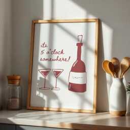 Its 5 O'clock Somewhere Red Poster, Wine O'clock Trendy Retro Bar Cart Wall Decor, Fun Alcohol Art, Girly Poster, Modern Kitchen Art - thumbnail 3