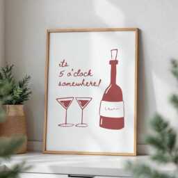 Its 5 O'clock Somewhere Red Poster, Wine O'clock Trendy Retro Bar Cart Wall Decor, Fun Alcohol Art, Girly Poster, Modern Kitchen Art - thumbnail 1