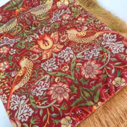 William Morris Velvet Throw Blanket With Gold Fringe Strawberry Thief Design - thumbnail 2