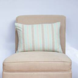 Marina Nautical Stripe Boudoir Cushion. Aqua Blue & Linen Look Preppy Design. 17x12 - thumbnail 1