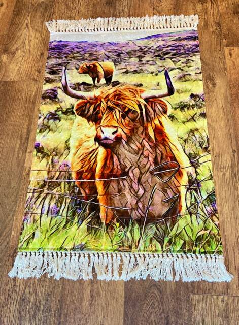 Highland Cow Fringe Rug, Scottish Gifts, Home Decor, 105cm X 65cm - image 1