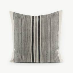Vintage Handwoven Hemp Pillow Cover, Black Indigo Striped Cushion - 22x22 - thumbnail 1