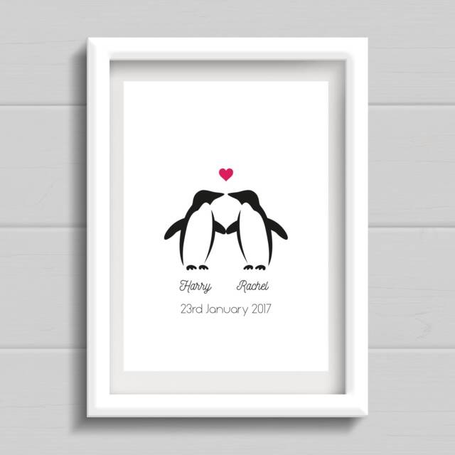 Penguin Valentines Day Gift. Personalised Anniversary Print For Fiance, Boyfriend, Girlfriend, Husband, Wife. Wedding Present - image 1