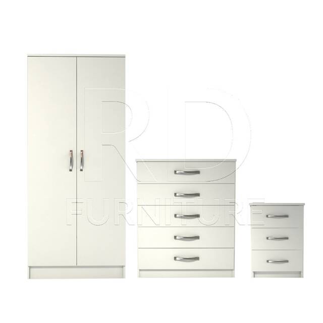 Bedroom Set, White Set, Wardrobe, Chest Of Drawers & Bedside Table. Ready Assembled - image 1