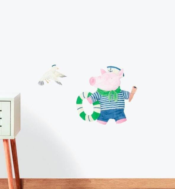Bjorn The Sailor Playing With Seagull Wall Sticker Decal - Nursery Stickers, Animal Decals, Home Decor, Baby Room, Art