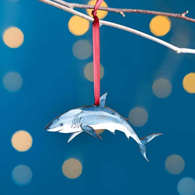 Shark Christmas Tree Decoration, Birch Plywood Ornament, Animal Lover Gift, Festive Watercolour Art, Traditional Keepsake - image 1