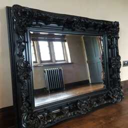 Heavy Chunky Wood Matt Black Large Statement Swept French Dress Leaner Floor Wall Beveled Mirror 5Ft X 4Ft - thumbnail 3