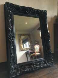 Heavy Chunky Wood Matt Black Large Statement Swept French Dress Leaner Floor Wall Beveled Mirror 5Ft X 4Ft - thumbnail 1