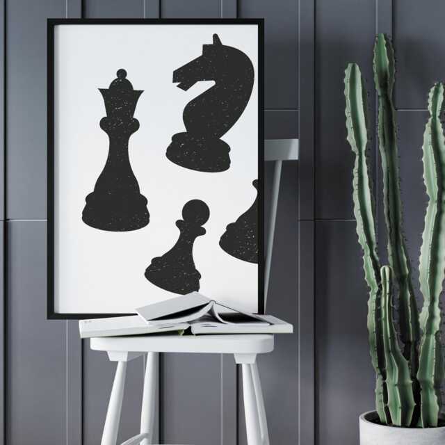 Chess Pieces Print Chess Lover Poster, Black & White Home Decor, Game Room, Wall Art Illustration Mid Century Modern - image 1