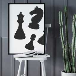 Chess Pieces Print Chess Lover Poster, Black & White Home Decor, Game Room, Wall Art Illustration Mid Century Modern - thumbnail 1