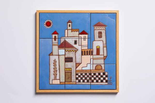 Ceramic Picture Of A Greek Village, Colorful Mural For Hanging, Geometric Wall Art, Summer Vacation Painting - image 1