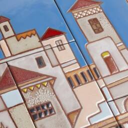 Ceramic Picture Of A Greek Village, Colorful Mural For Hanging, Geometric Wall Art, Summer Vacation Painting - thumbnail 3