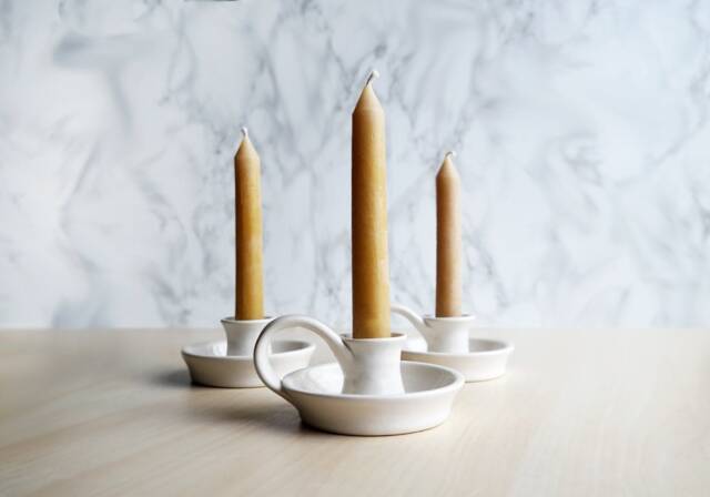 White Taper Candle Holder With Handle - Ceramic Candlestick - Hygge Farmhouse Table Holders - image 1