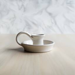 White Taper Candle Holder With Handle - Ceramic Candlestick - Hygge Farmhouse Table Holders - thumbnail 3