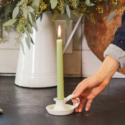 White Taper Candle Holder With Handle - Ceramic Candlestick - Hygge Farmhouse Table Holders - thumbnail 2