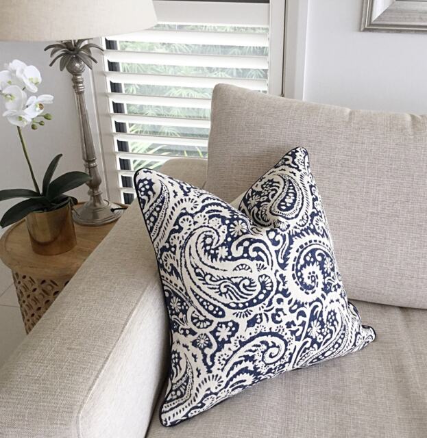 Navy Blue Paisley Linen Pillow Cover, Kinward Indigo Cushion - image 1