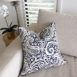 Navy Blue Paisley Linen Pillow Cover, Kinward Indigo Cushion - thumbnail 3