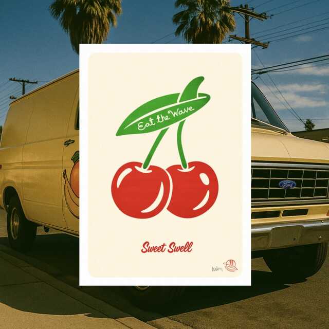 Retro Surf Art Print Cherries With Surfboard - California Beach Vibe - image 1