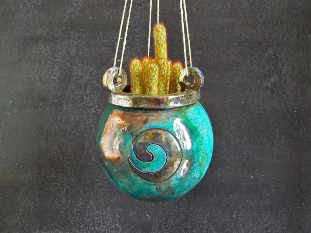 Raku Ceramic Cauldron Planter - Hangable Or Freestanding Succulent & Cactus Pot Custom Colors & Sizes - image 1