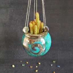 Raku Ceramic Cauldron Planter - Hangable Or Freestanding Succulent & Cactus Pot Custom Colors & Sizes - thumbnail 2
