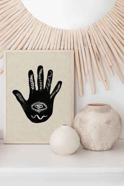 Hamsa Hand Print Beige & Black All Seeing Eye Art - image 1