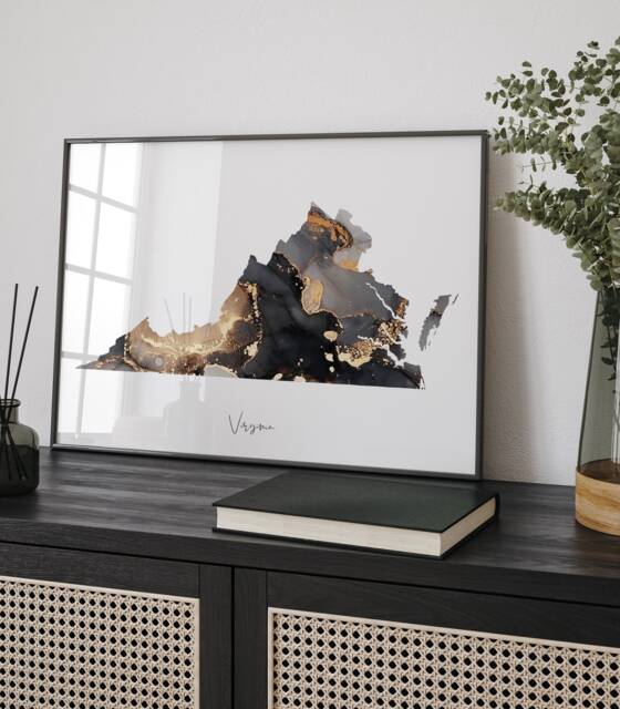 Virginia Map Black & Gold Wall Art Print Us State - Usa United States Of America - image 1