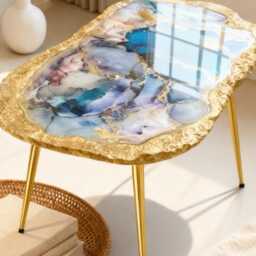Painted Modern Coffee Table, Handmade Epoxy Resin Pink Purple Art Side Table , Modern Home Decor Gold Legs - thumbnail 3