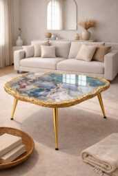 Painted Modern Coffee Table, Handmade Epoxy Resin Pink Purple Art Side Table , Modern Home Decor Gold Legs