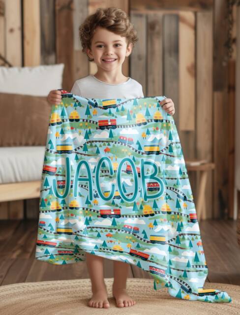 Green Blue Train Railway Trains Nursery Baby Custom Blanket Personalized Picture Homeware Personalised New Home Bedroom Gift - image 1