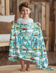 Green Blue Train Railway Trains Nursery Baby Custom Blanket Personalized Picture Homeware Personalised New Home Bedroom Gift - thumbnail 1