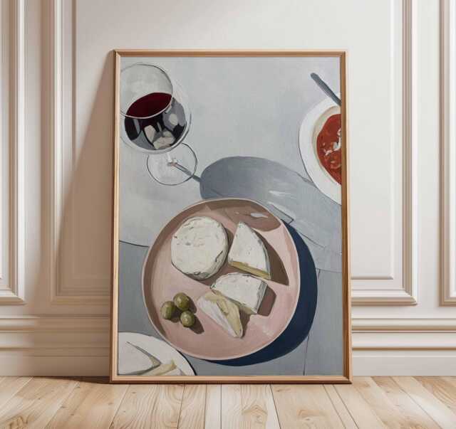 Cheese & Wine Poster, Modern Still Life Wall Art, Minimalist Dining Print, Mediterranean Kitchen Decor, Elegant Food Painting Poster - image 1