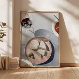 Cheese & Wine Poster, Modern Still Life Wall Art, Minimalist Dining Print, Mediterranean Kitchen Decor, Elegant Food Painting Poster - thumbnail 3