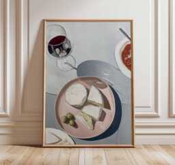 Cheese & Wine Poster, Modern Still Life Wall Art, Minimalist Dining Print, Mediterranean Kitchen Decor, Elegant Food Painting Poster - thumbnail 1