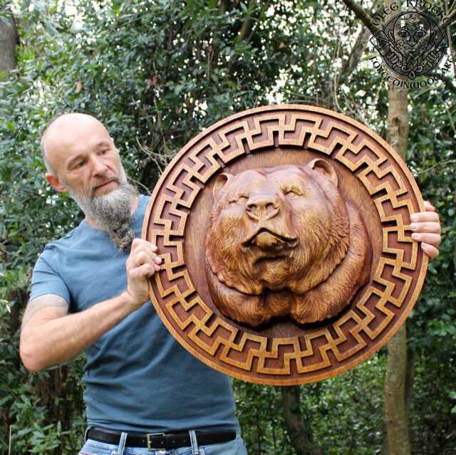 Handcrafted Iroko Wood Bear Totem Norse Wall Hanging - image 1