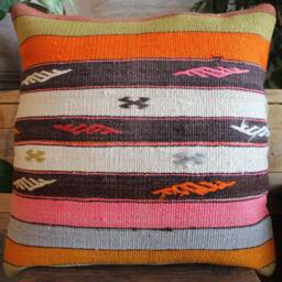 50cm - 20Inch Vintage Kilim Cushion Cover Handwoven - Various Coloured Stripes With Motifs - thumbnail 2