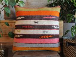 50cm - 20Inch Vintage Kilim Cushion Cover Handwoven - Various Coloured Stripes With Motifs