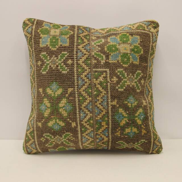 Vintage Rug Throw Pillow Cover, 18x18 in - 45x45 cm Turkish Pillow, Minimalist Cushion Sofa Pillows Green, Brown, 4Kbf-689 - image 1