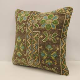 Vintage Rug Throw Pillow Cover, 18x18 in - 45x45 cm Turkish Pillow, Minimalist Cushion Sofa Pillows Green, Brown, 4Kbf-689 - thumbnail 3