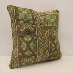 Vintage Rug Throw Pillow Cover, 18x18 in - 45x45 cm Turkish Pillow, Minimalist Cushion Sofa Pillows Green, Brown, 4Kbf-689 - thumbnail 2