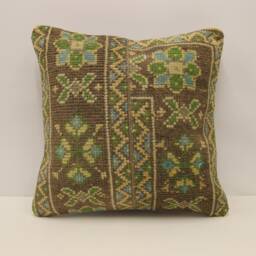 Vintage Rug Throw Pillow Cover, 18x18 in - 45x45 cm Turkish Pillow, Minimalist Cushion Sofa Pillows Green, Brown, 4Kbf-689 - thumbnail 1
